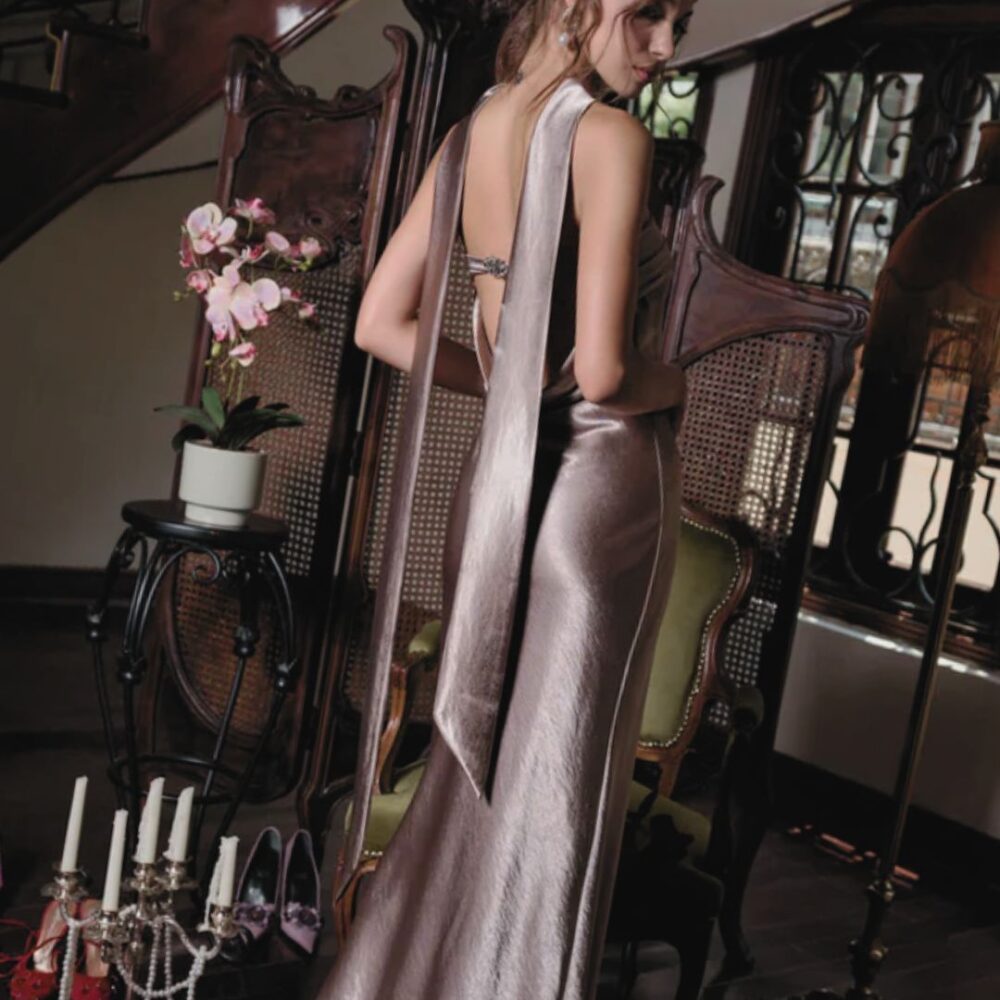 Metallic Satin Strapless Gown "Luna Veil" DR572