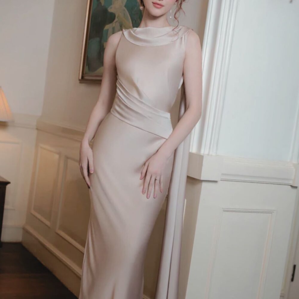 Champagne Satin Draped Gown "Celeste Whisper" DR184